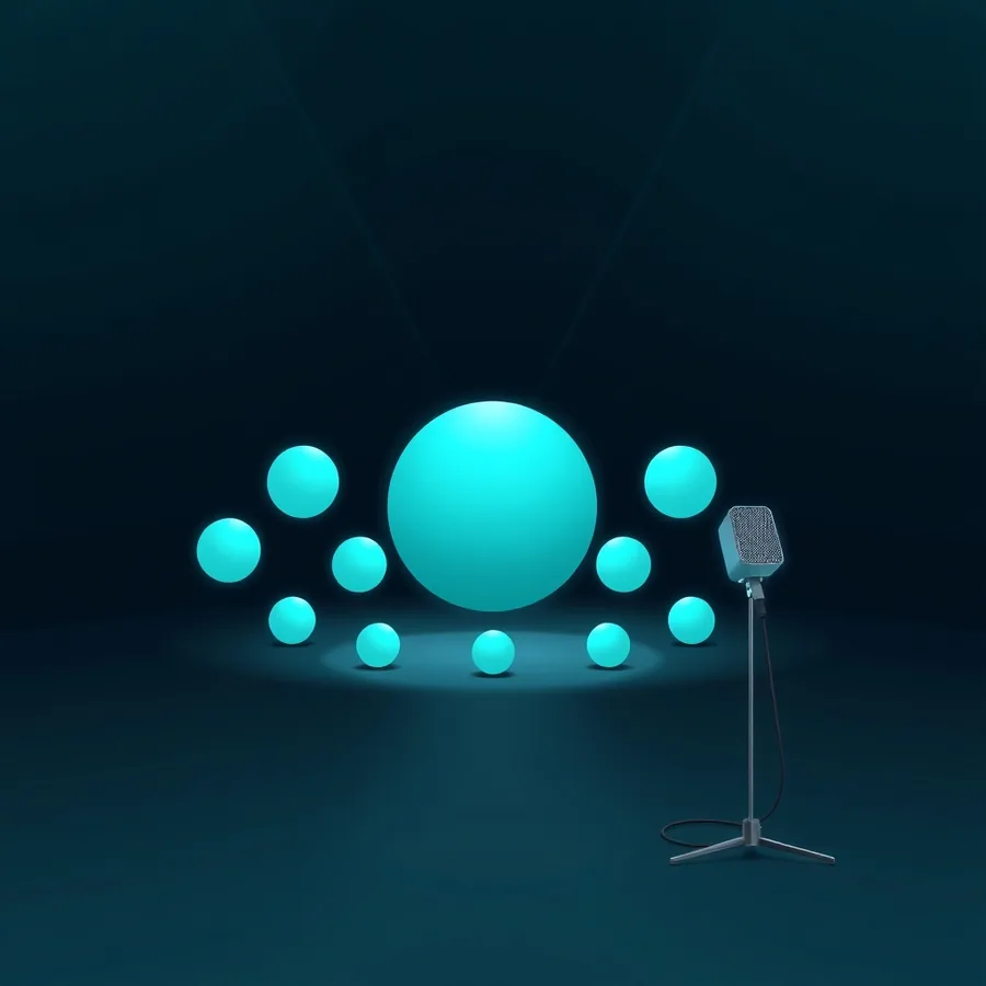 One large glowing teal sphere surrounded by an arc of ten smaller identical glowing spheres on a dark studio floor, with a vintage studio microphone on a tripod standing to the right