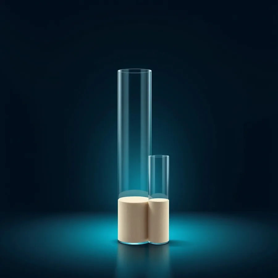 Two clear glass cylinders of different heights standing on a dark reflective floor, each holding only a shallow layer of pale sand at the bottom, lit from behind by a teal glow