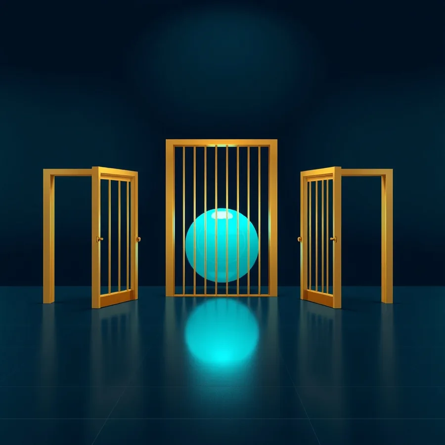 A glowing teal sphere held behind a closed gold gate on a dark polished studio floor, flanked by two open gold gates standing empty