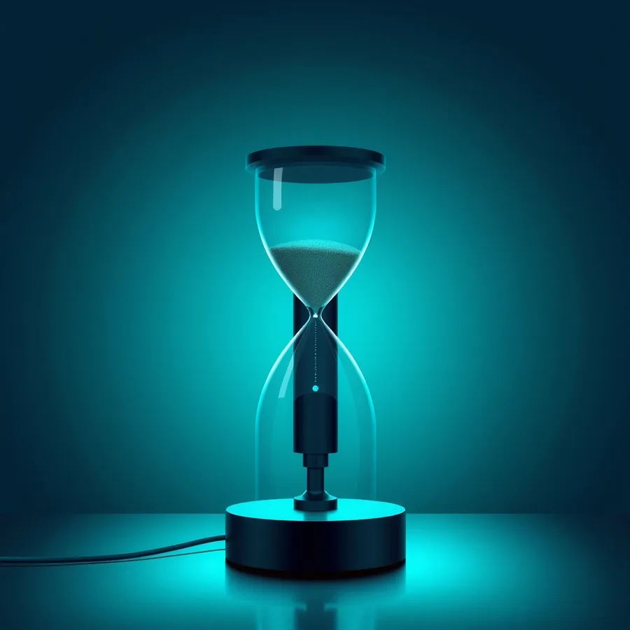 A glowing glass hourglass on a lit circular base with a trailing cable, most of its sand already fallen, lit in deep teal against a dark background