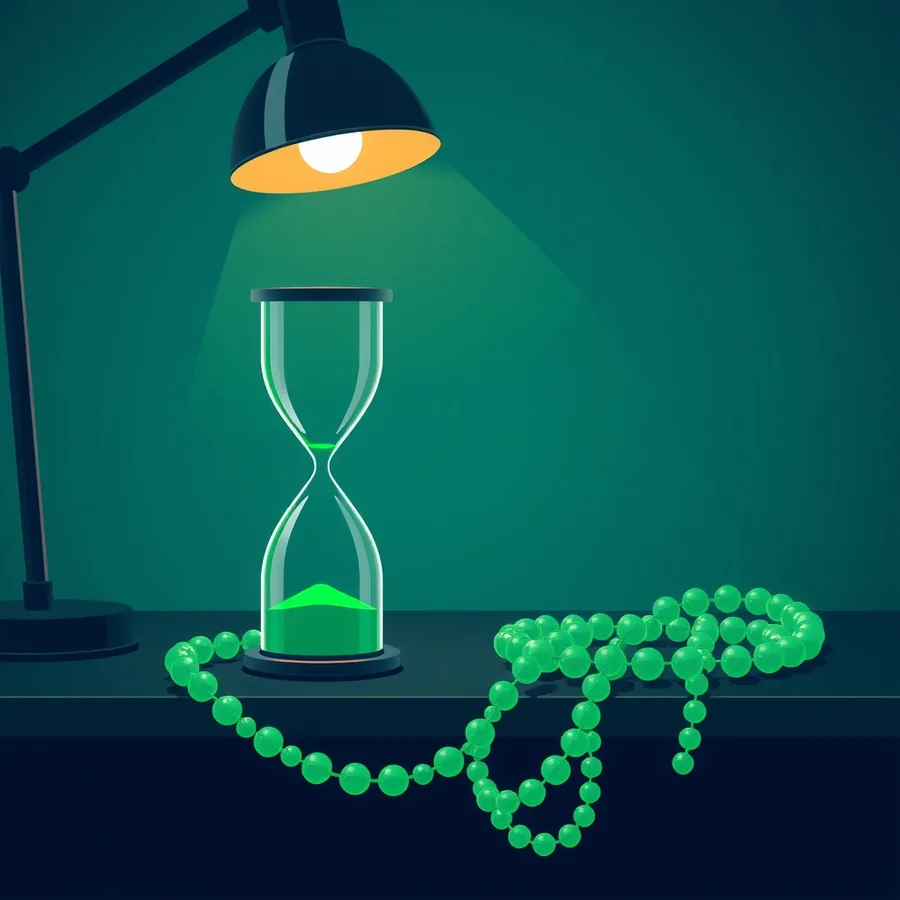 An hourglass of green sand lit by a desk lamp, with a long coiled strand of green glass beads winding across the dark desk beside it