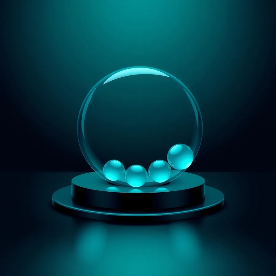 Four small teal spheres glowing from within, resting in a row inside a large hollow glass sphere on a dark round pedestal, the rightmost sphere noticeably larger than the other three
