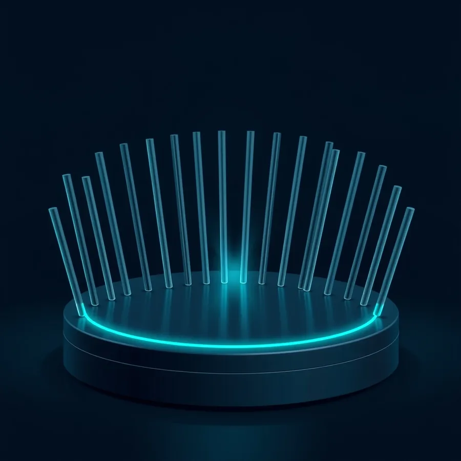 An arc of about two dozen slender upright glass rods standing on a round polished platform, lit by a bright teal ring glowing at their base against a dark blue background