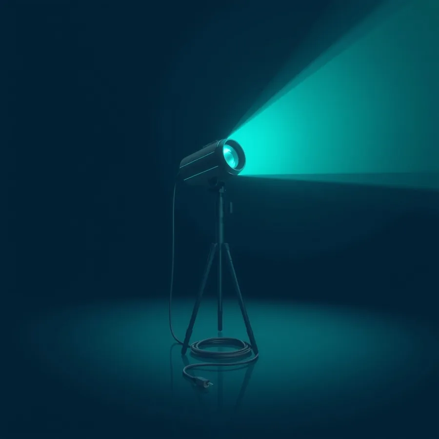 A glowing teal projector lens on a tripod in a dark empty studio, its beam fading out halfway across the room, with a thick power cable lying unplugged and coiled on the floor