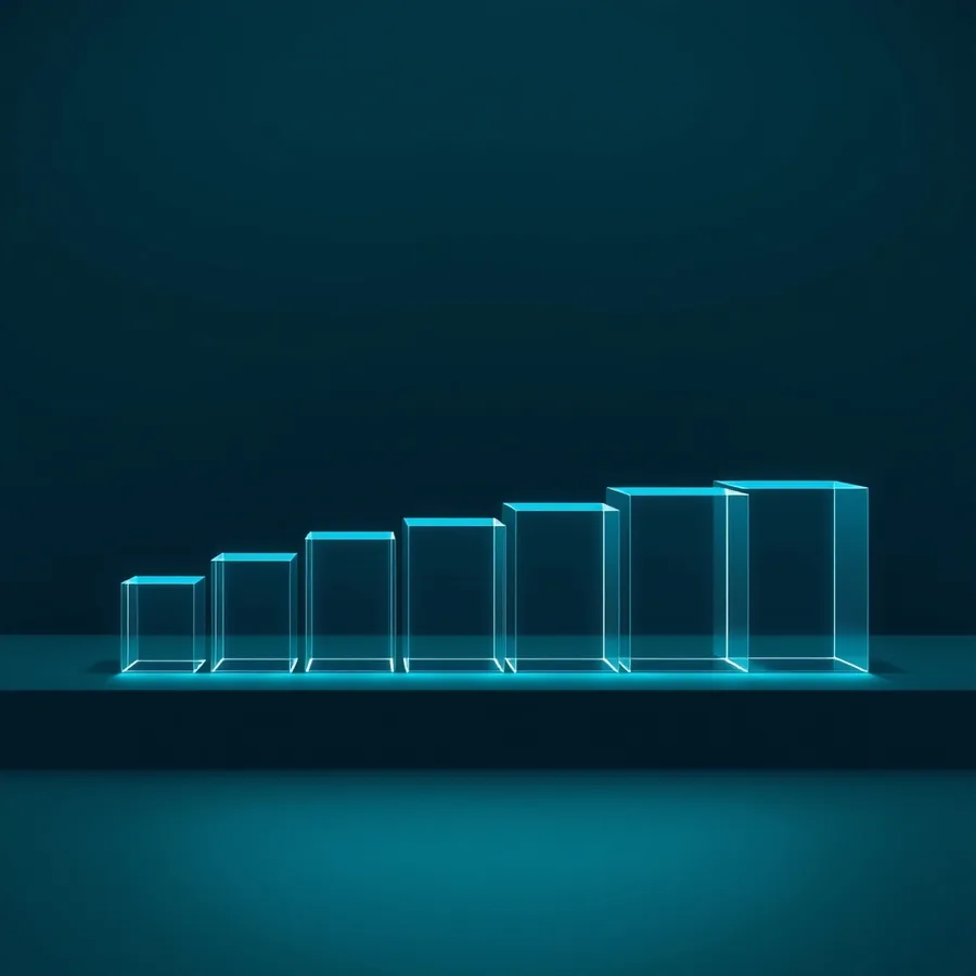 Seven translucent glass blocks of increasing height standing in a row on a dark teal surface, each glowing cyan from within and casting soft reflections