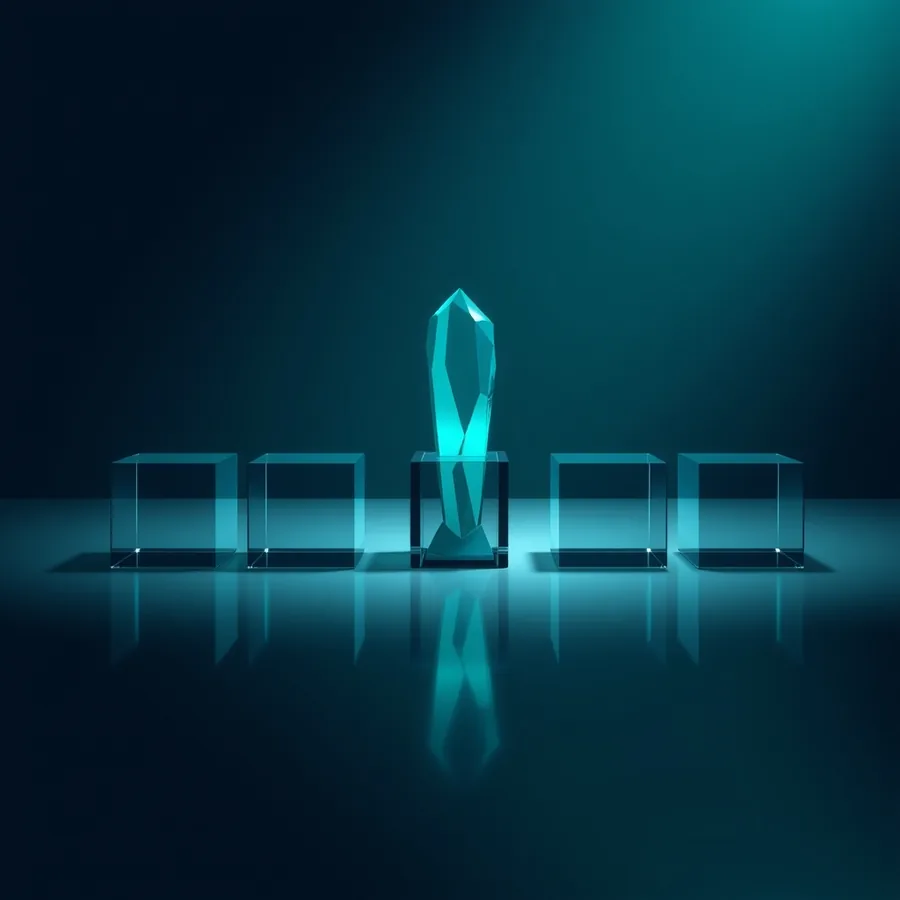 Five identical clear glass cubes in a row on a dark reflective floor, with a single glowing faceted teal crystal rising from the middle cube